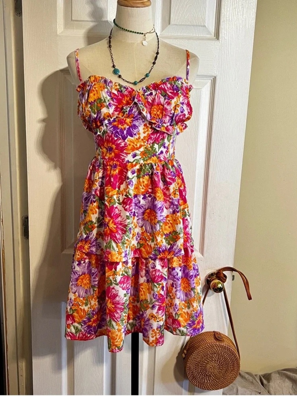 Floral Tiered Mini Dress - Pink, Orange & Purple
